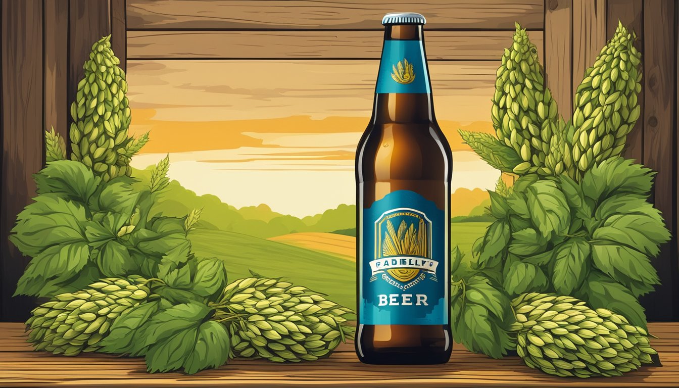 A bottle of the beer brand sits on a rustic wooden table, surrounded by hops and barley. The label features bold, vibrant colors and a distinctive logo