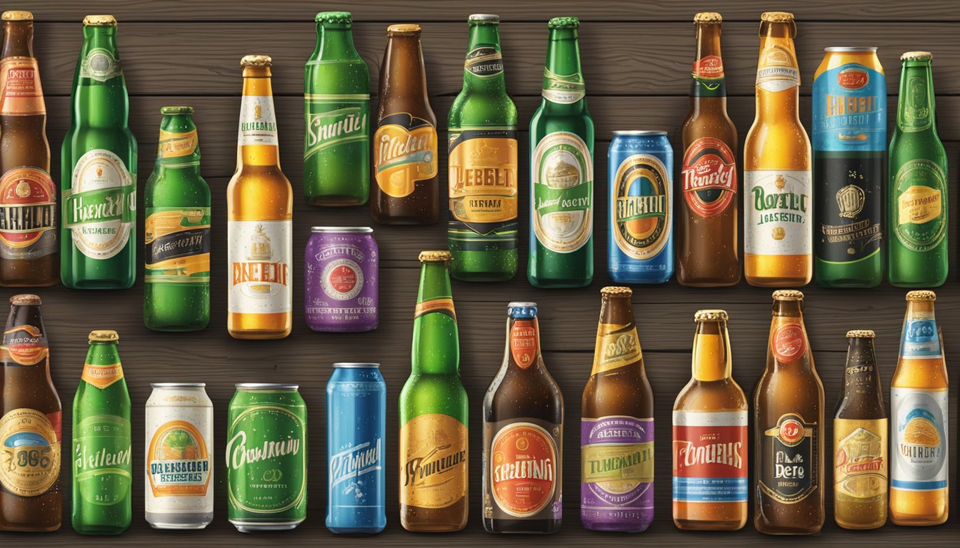 A variety of iconic beer bottles and cans arranged on a rustic wooden table, with colorful labels and condensation dripping down the sides