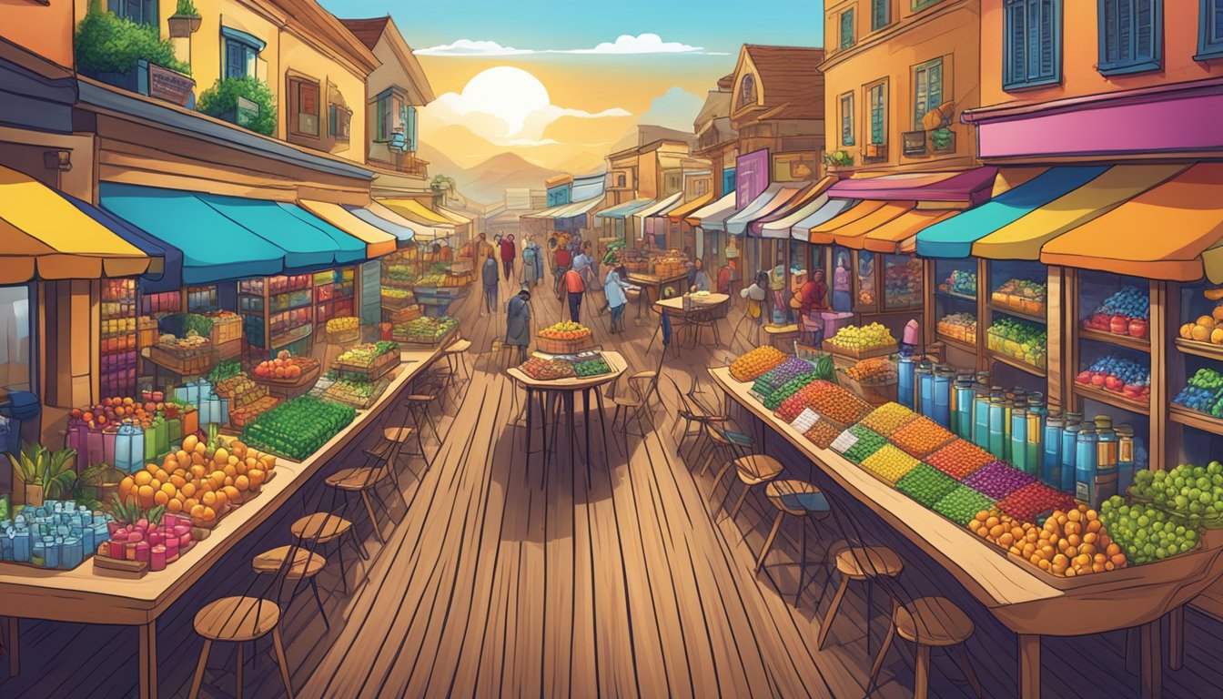 A colorful array of otap brands displayed on a wooden table with a backdrop of a bustling marketplace