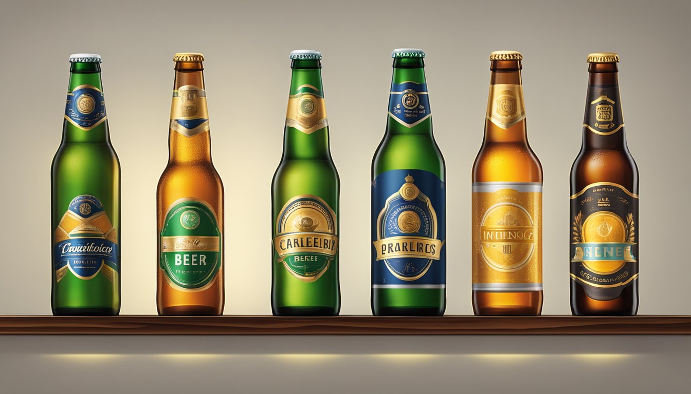 A row of beer bottles on a shelf, each with distinct branding and labeling. Light shines through the glass, highlighting the different colors and designs