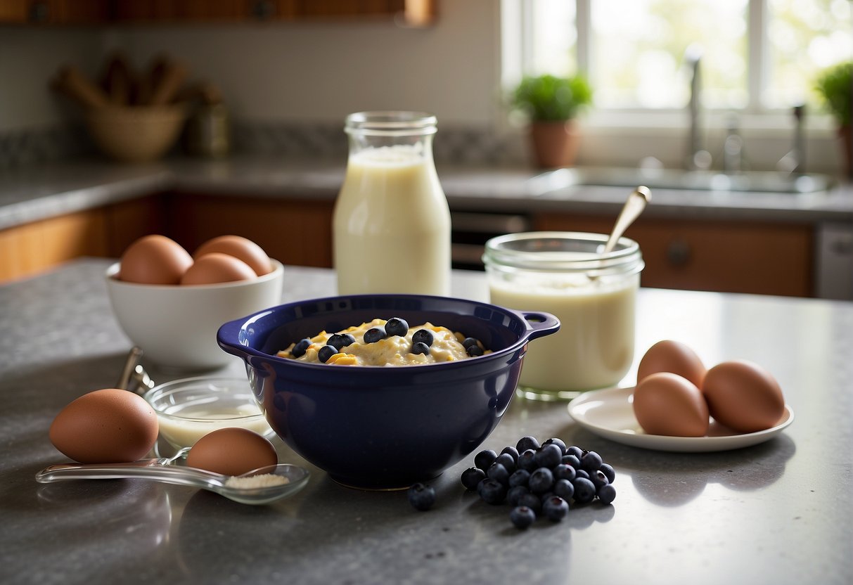 A mixing bowl filled with Krusteaz blueberry muffin mix, eggs, and milk. A whisk and measuring cups sit nearby on a clean kitchen counter