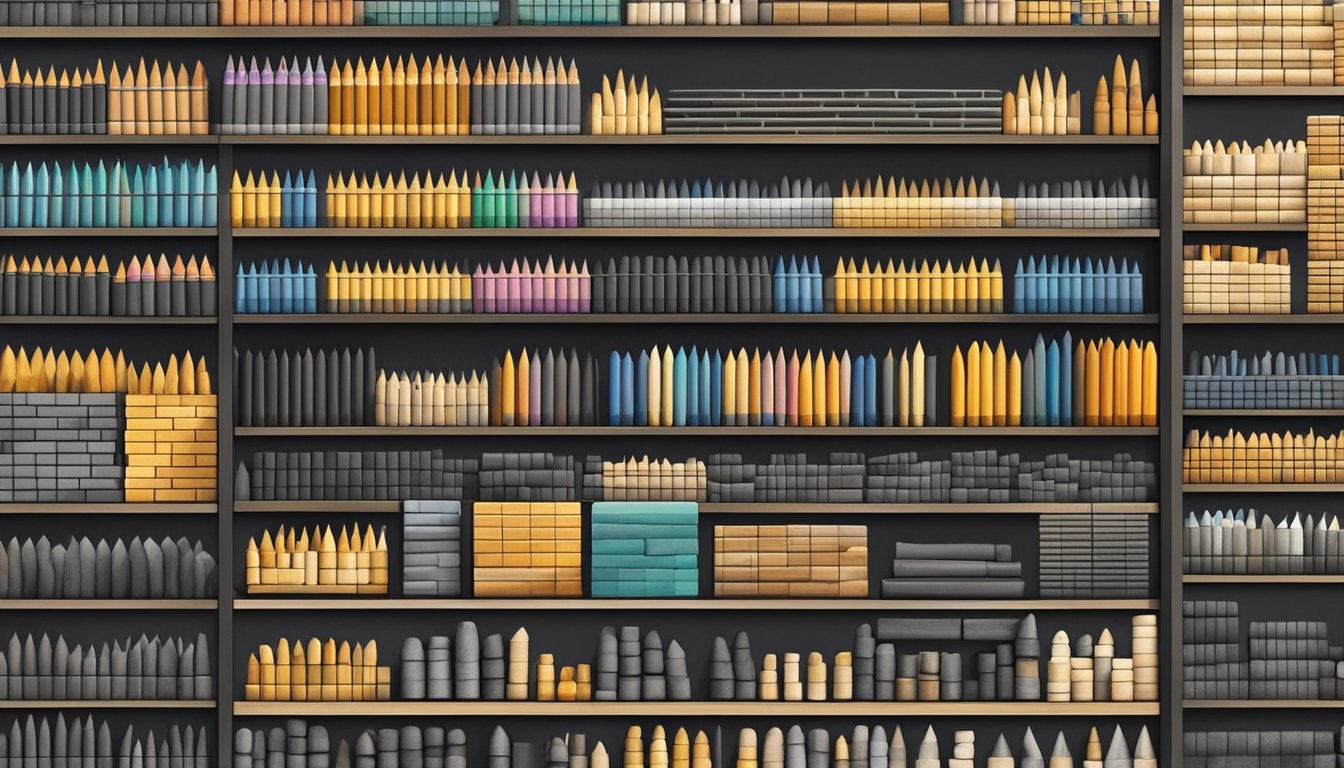 A store shelf displays various brands of charcoal sticks and blocks in a well-lit art supply shop in Singapore