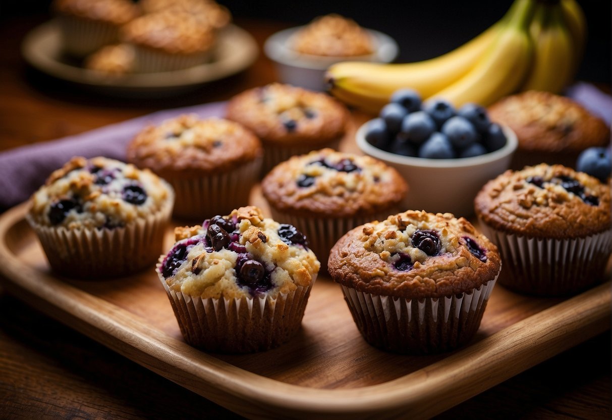 A table displays a variety of muffins, including blueberry, chocolate chip, and banana nut, each with a unique topping or glaze
