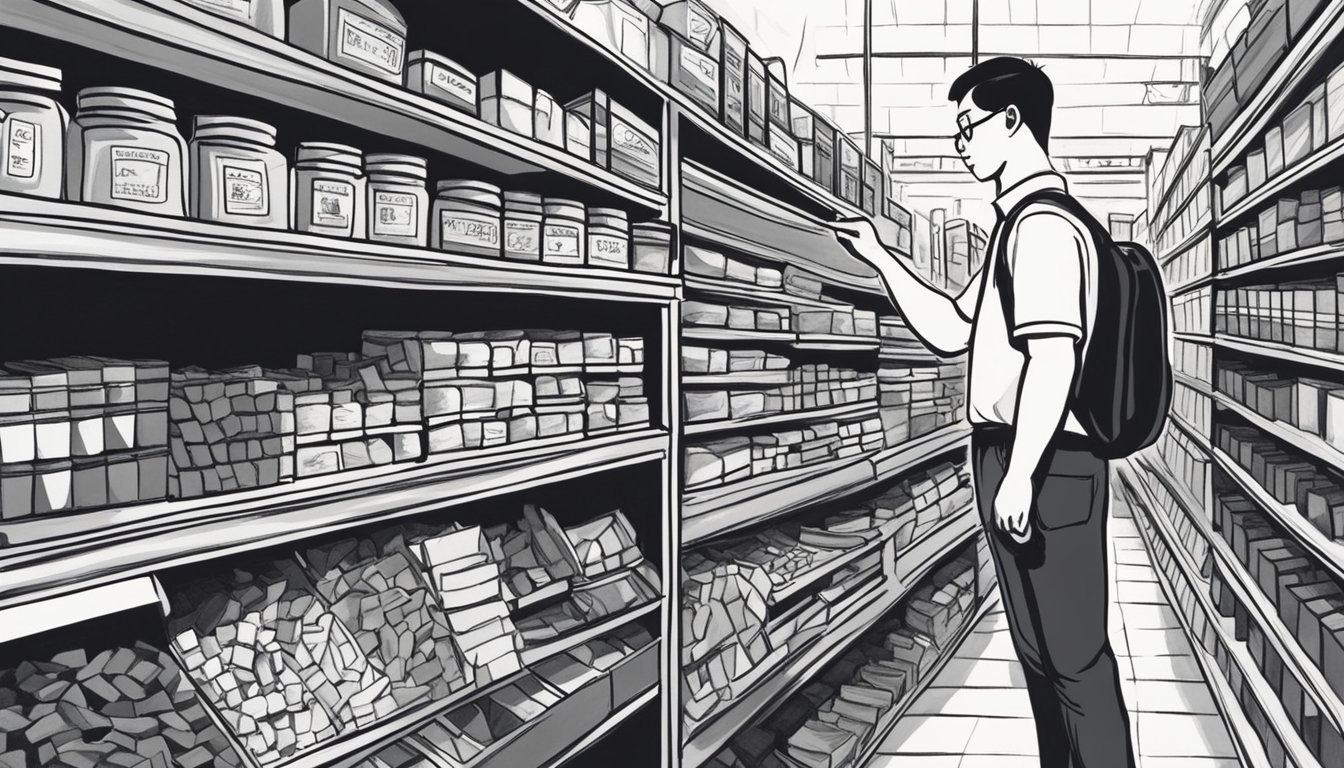A customer examines various types of charcoal at an art supply store in Singapore. Shelves are stocked with different brands and sizes, offering options for artists to choose from