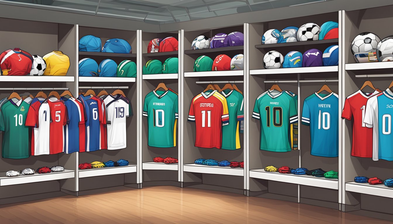 A sports store displays rows of colorful football jerseys in Singapore