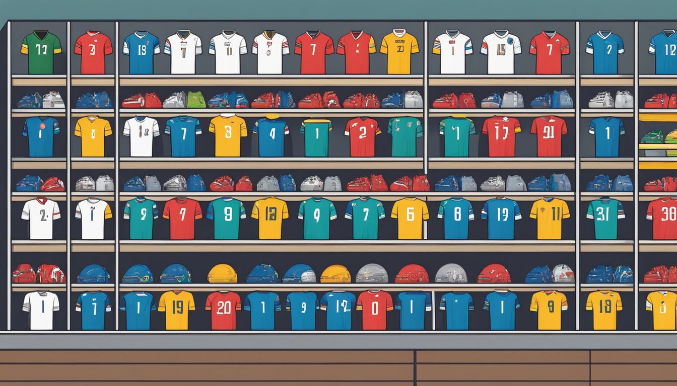 A crowded sports store in Singapore displays rows of colorful football jerseys for sale. Shelves are lined with merchandise, and customers browse the selection