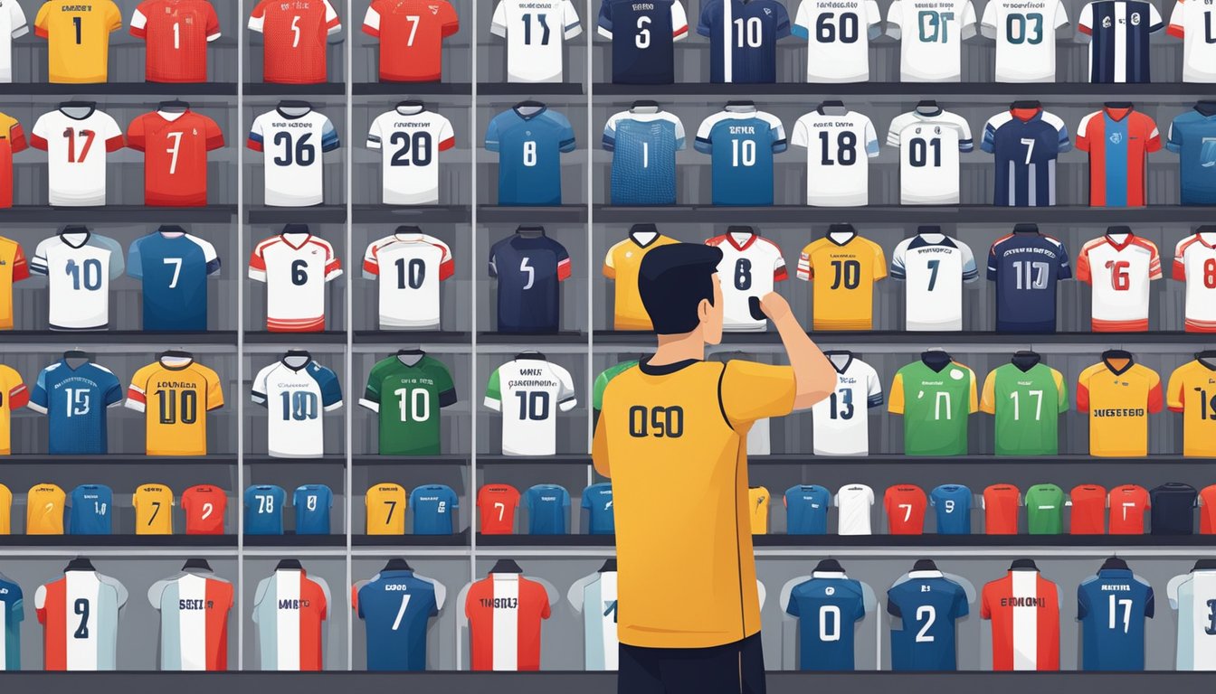 A customer browsing through rows of football jerseys at a sports store in Singapore, carefully examining the different designs and sizes available