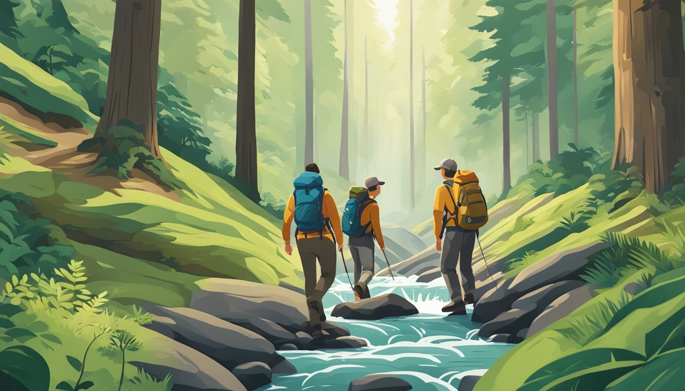 A group of hikers wearing outdoor clothing brands trekking through a lush forest with towering trees and a babbling stream