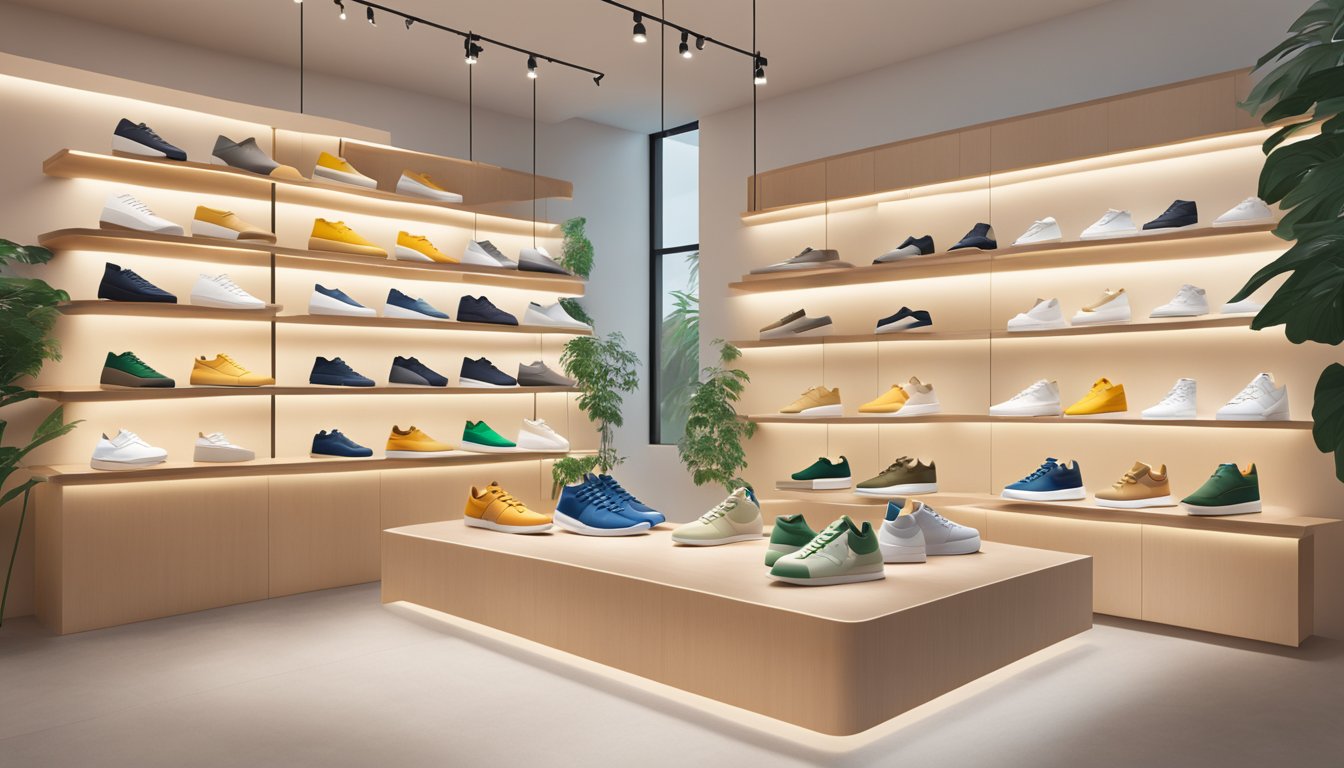 A display of Veja shoes in a modern, minimalist store in Singapore. Bright lighting highlights the sustainable materials and sleek designs