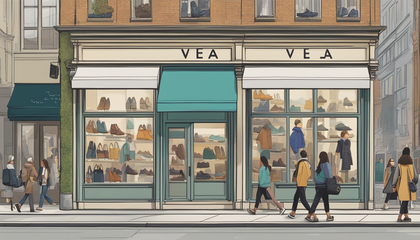 A bustling city street with a prominent shoe store sign and a display of Veja shoes in the window. Pedestrians walk by, some stopping to look at the shoes