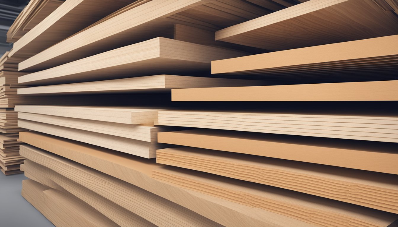 A variety of plywood sheets labeled with brand names, stacked neatly in a warehouse or showroom
