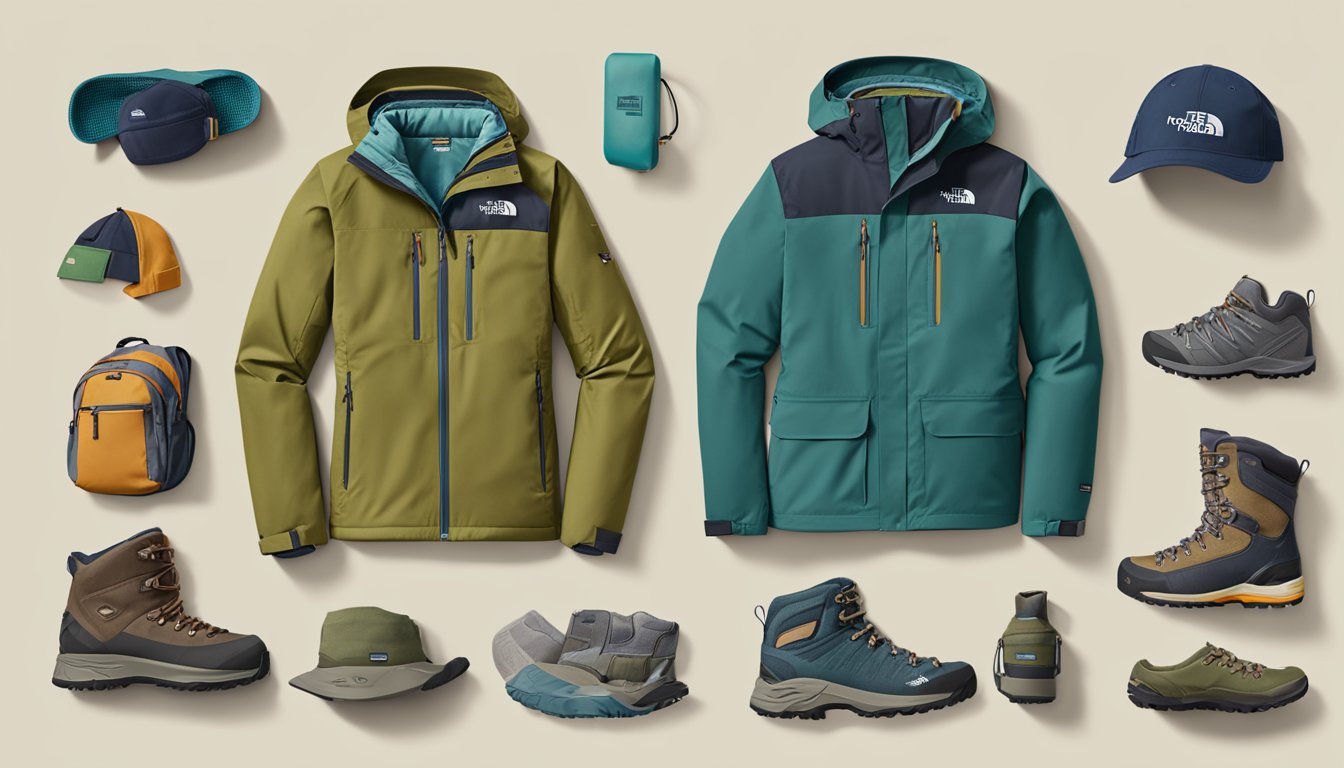 The scene shows logos of top outdoor clothing brands like The North Face, Patagonia, and Columbia, with images of their specialty products like jackets, hiking boots, and backpacks
