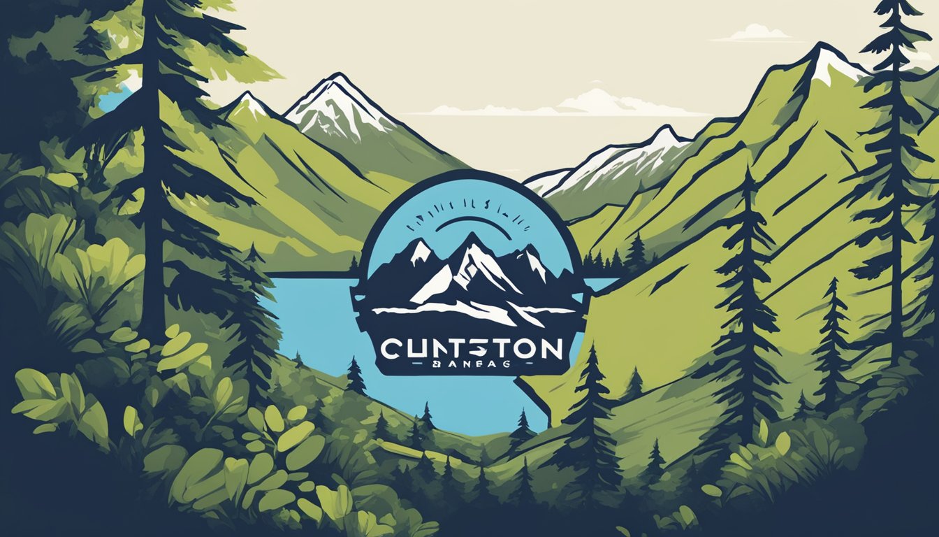 An outdoor clothing brand's logo displayed prominently on a rugged mountain backdrop with a clear blue sky and lush greenery