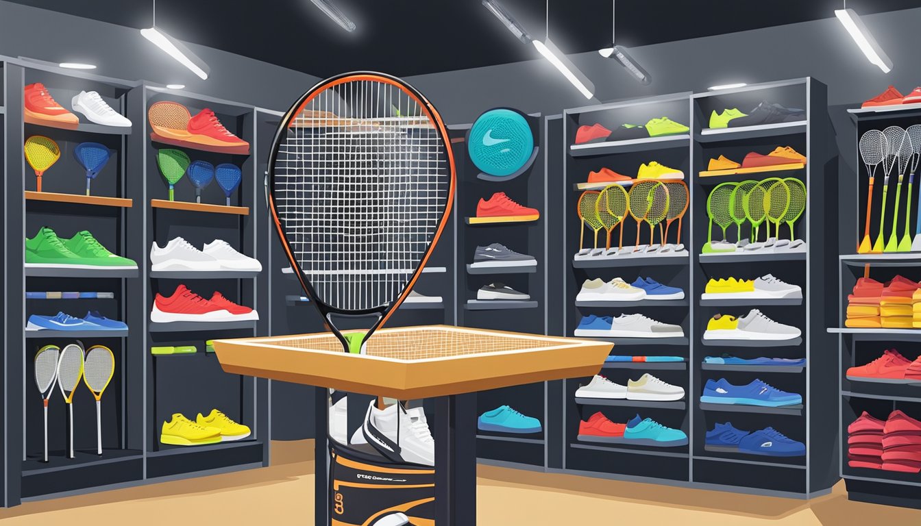 A badminton racket is displayed in a sports equipment store in Singapore, surrounded by other gear. The store is well-lit and organized, with a variety of racket options available for purchase
