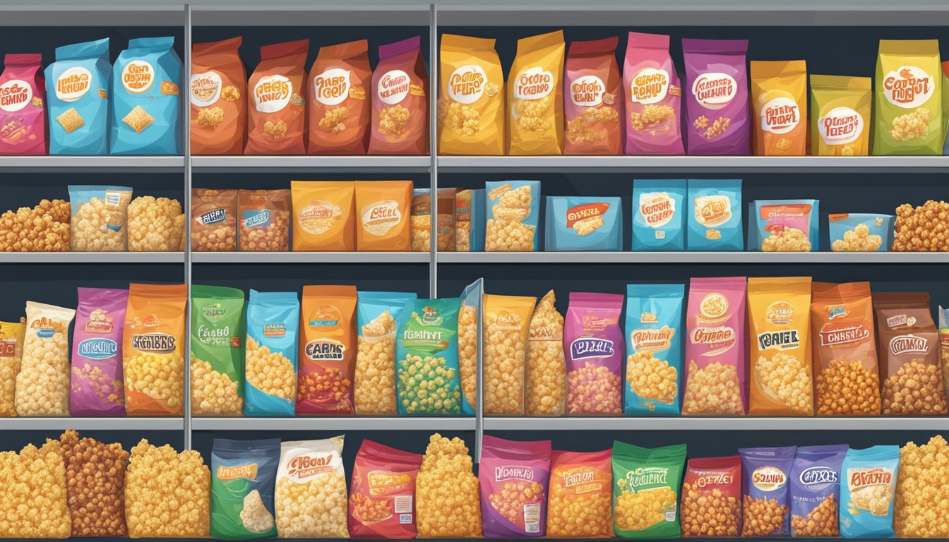 A colorful array of popcorn bags and boxes from various brands line the shelves of a Malaysian grocery store