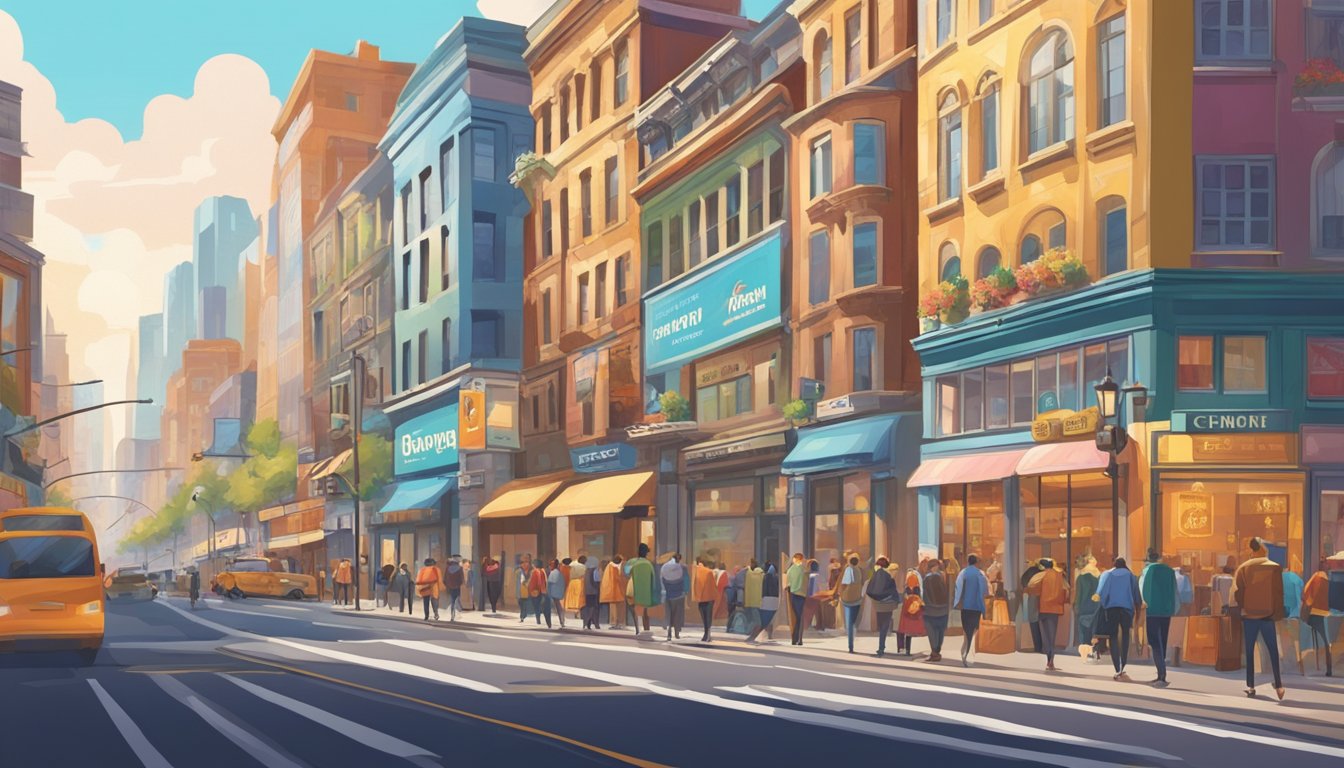 A bustling city street lined with iconic logos and storefronts of popular brands. Brightly lit billboards and colorful storefronts draw in crowds of shoppers