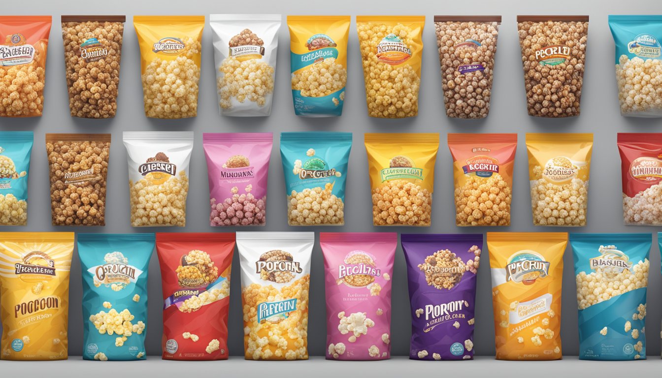 A colorful display of various popcorn varieties from different brands in Malaysia, showcasing the different flavors and packaging options available