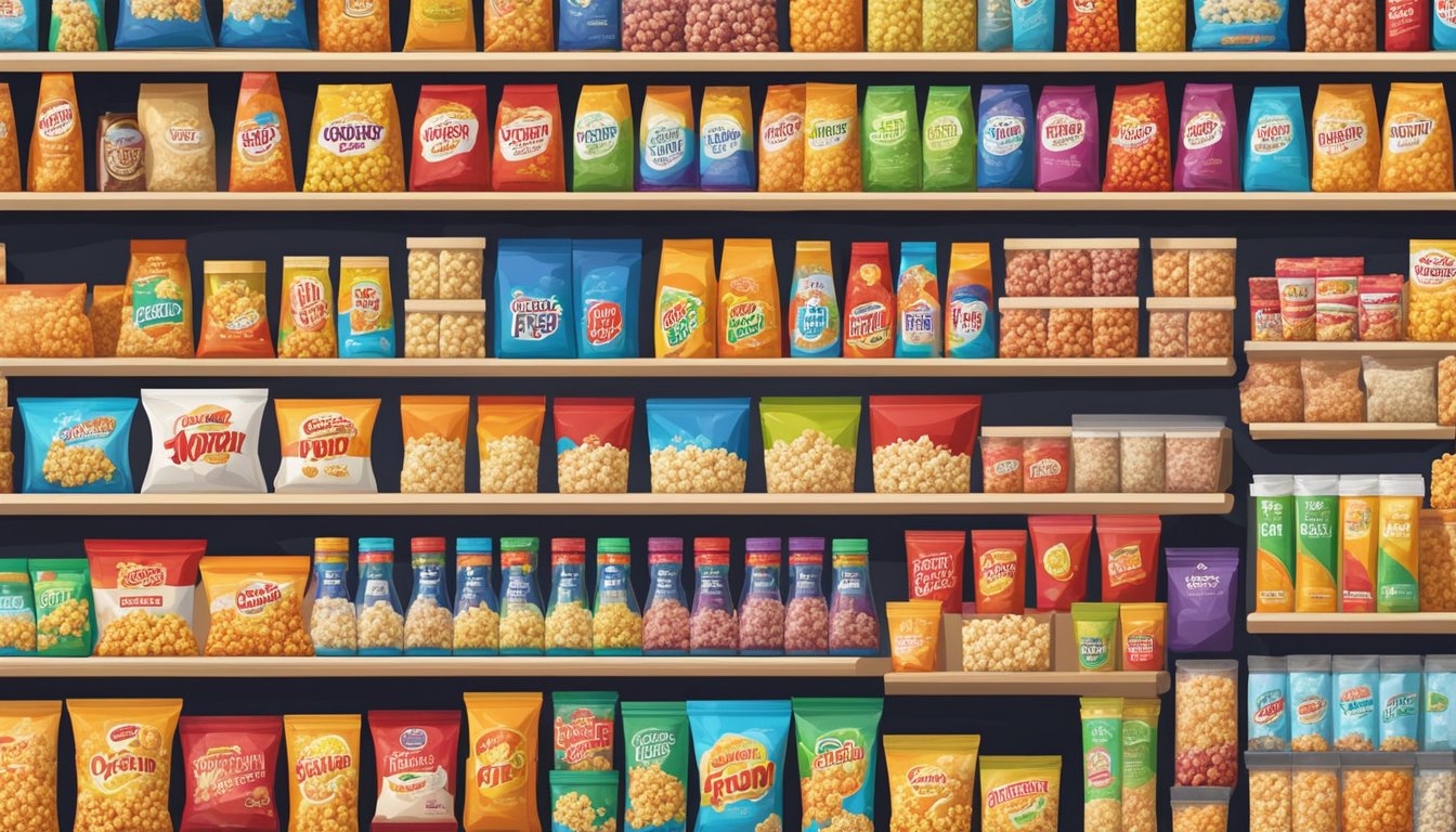 Shelves of colorful popcorn brands in a Malaysian grocery store