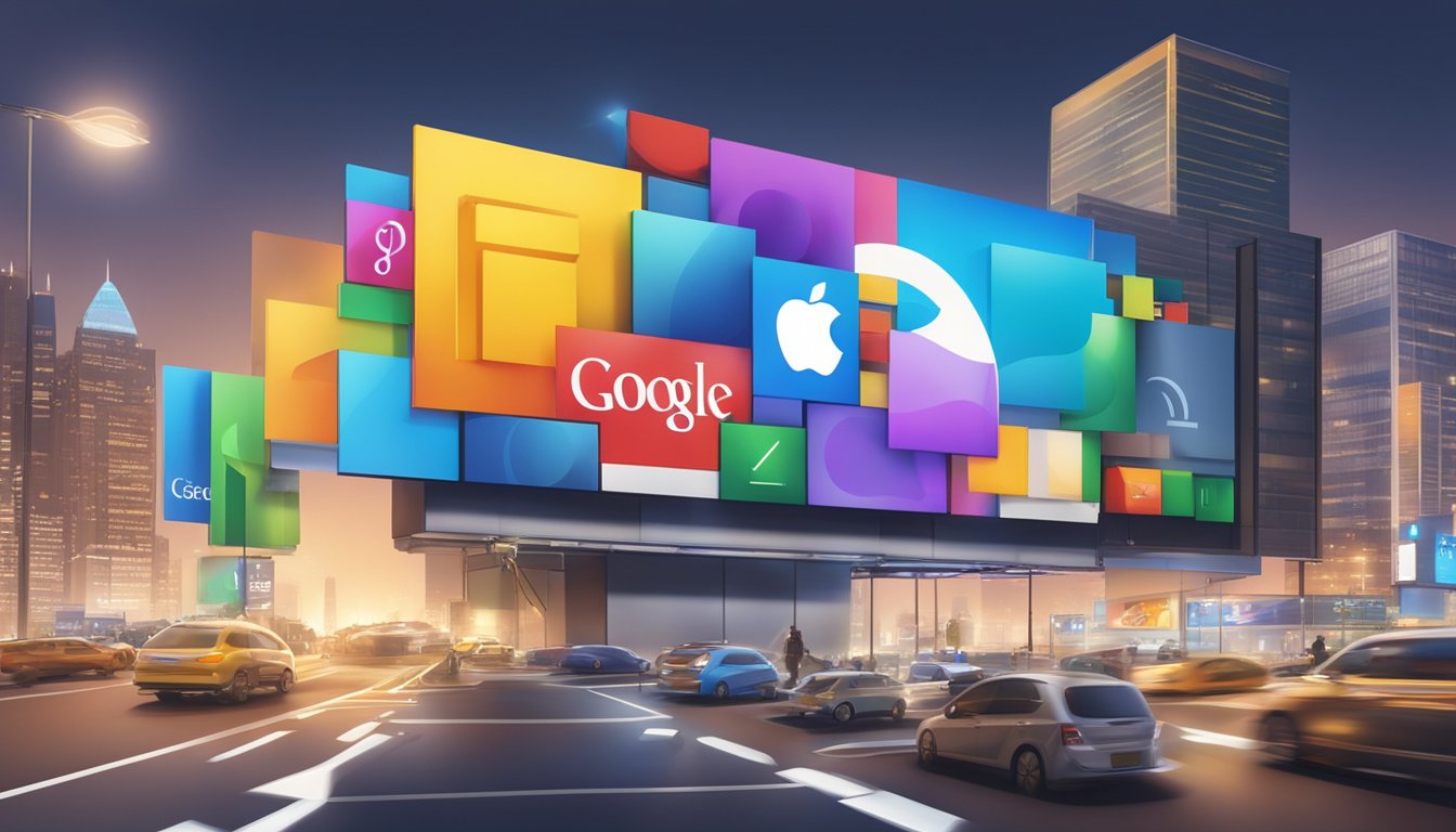 Leading tech giants' logos shine brightly on a digital billboard. Apple, Google, Amazon, and Microsoft stand out among the popular brands