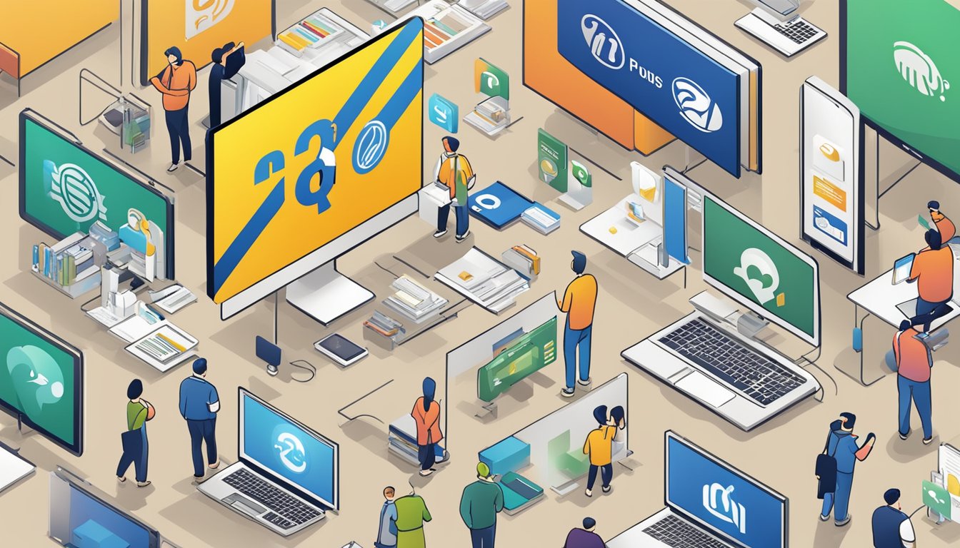 Various popular brands' logos surround a large "Frequently Asked Questions" sign, with customers browsing and seeking information