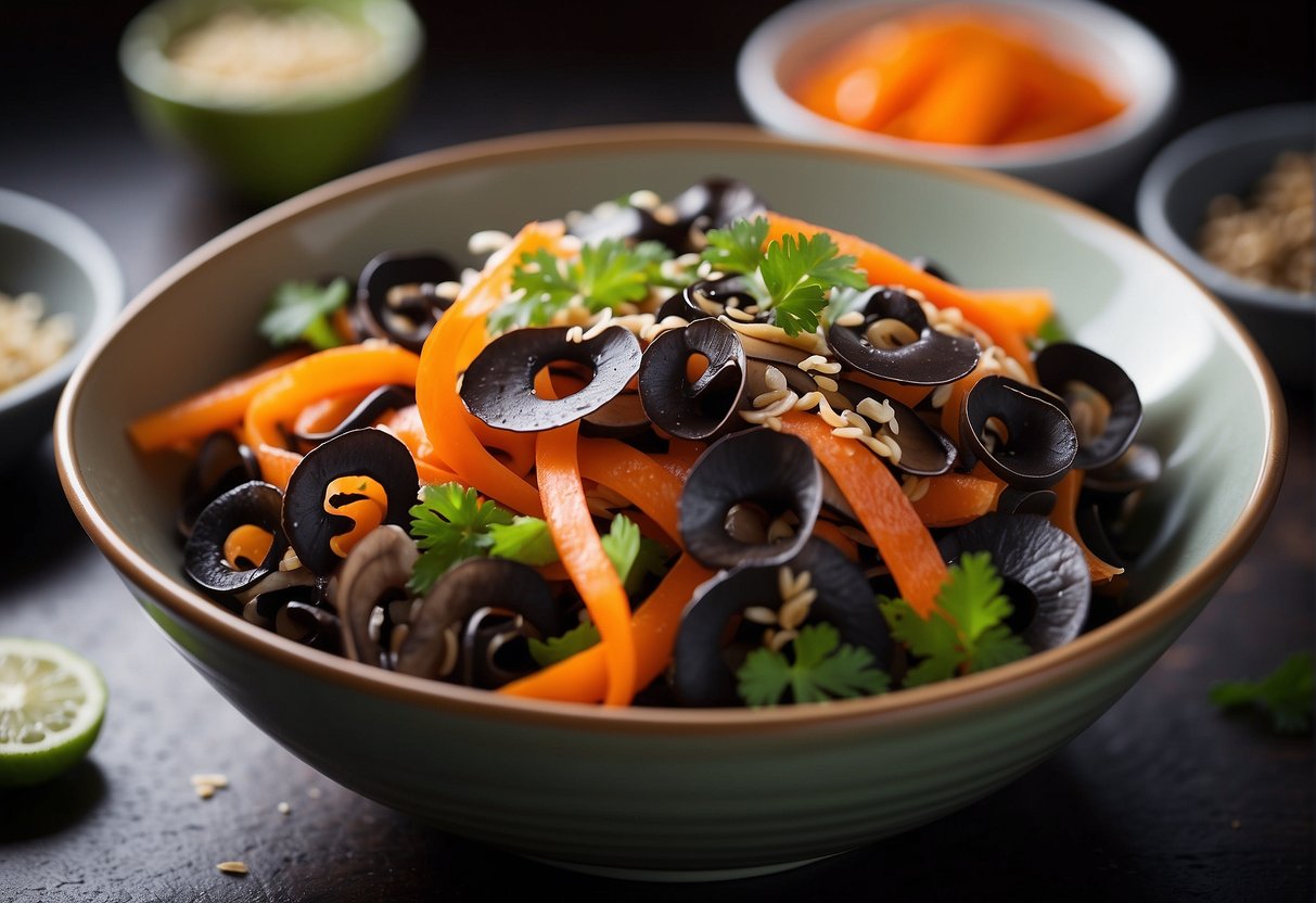 A bowl of Chinese black fungus salad, with sliced fungus, shredded carrots, and sesame seeds, dressed in a tangy vinaigrette