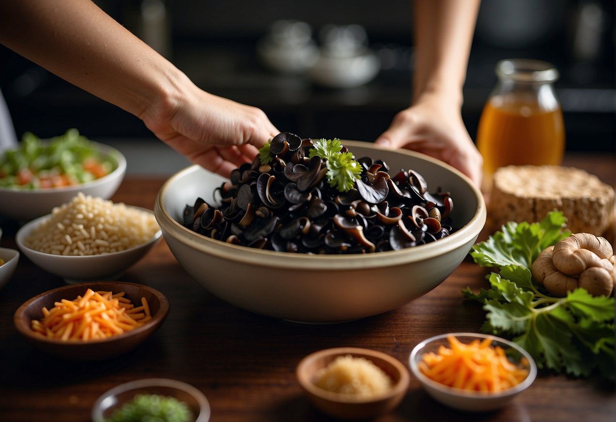 A hand reaches for fresh black fungus, ginger, and soy sauce on a kitchen counter, ready to prepare a Chinese salad