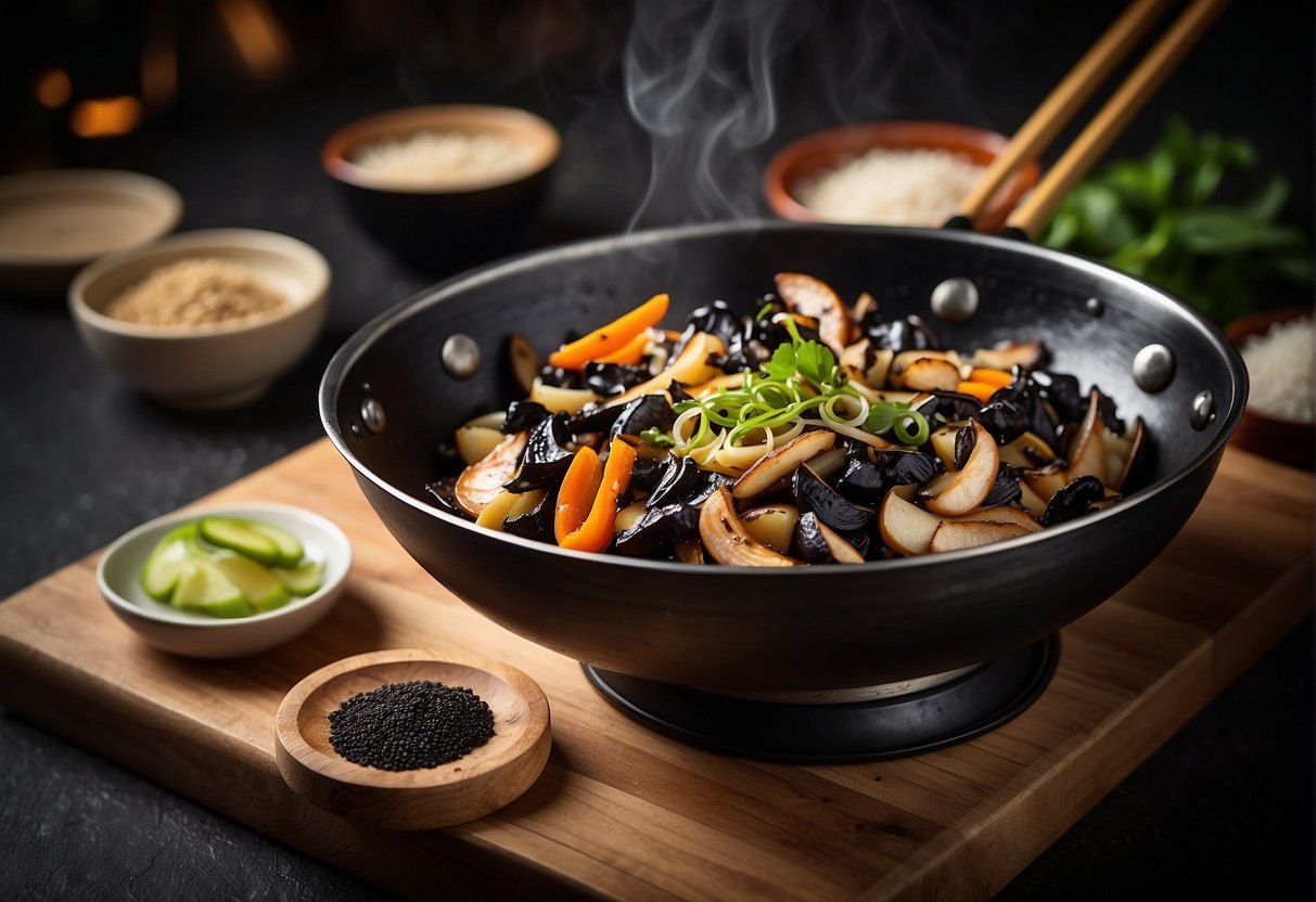 A wok sizzles with sautéed ginger, garlic, and rehydrated black fungus. Soy sauce and sesame oil are added, creating a savory aroma