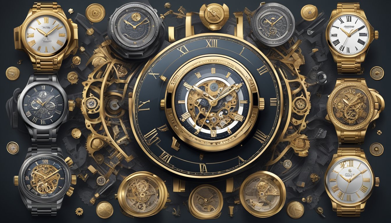 Luxury watch logos displayed on a sleek backdrop with elegant typography, surrounded by a border of intricate watch mechanisms