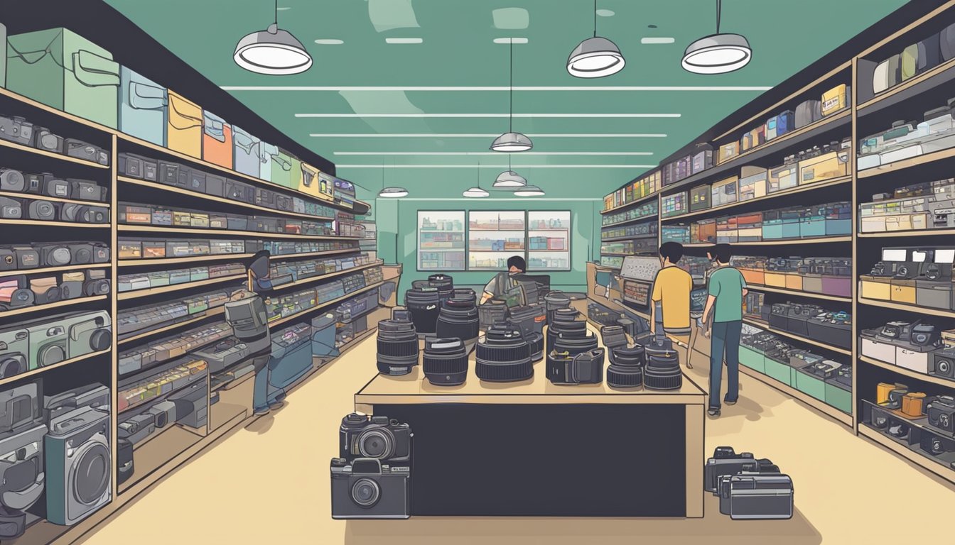 A camera store in Singapore displays a variety of cameras and lenses on shelves. Customers browse and compare different models, while a salesperson assists a couple in choosing the right camera