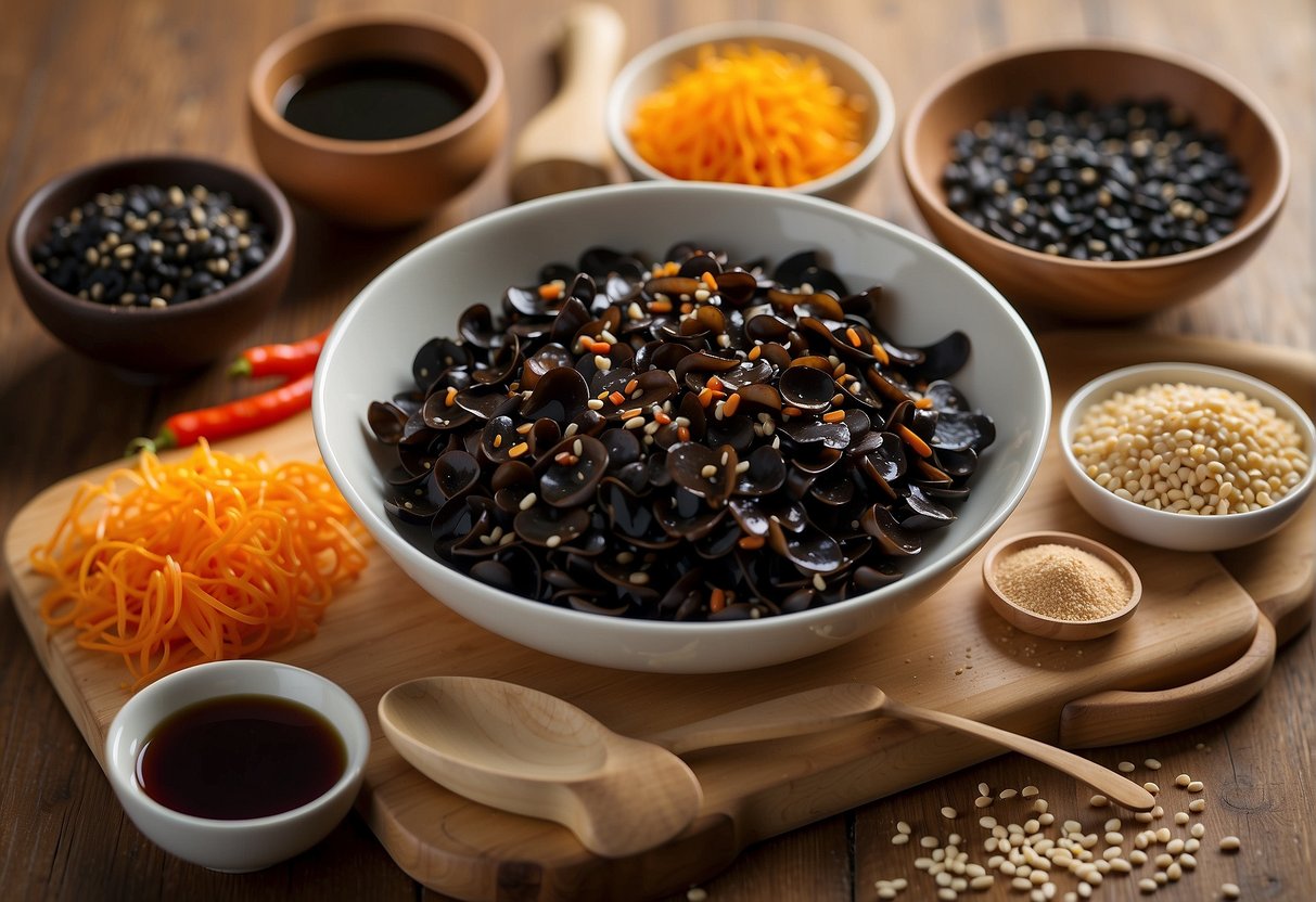 A table with various ingredients laid out: black fungus, soy sauce, vinegar, sesame oil, sugar, and chili. A knife and cutting board for slicing and mixing
