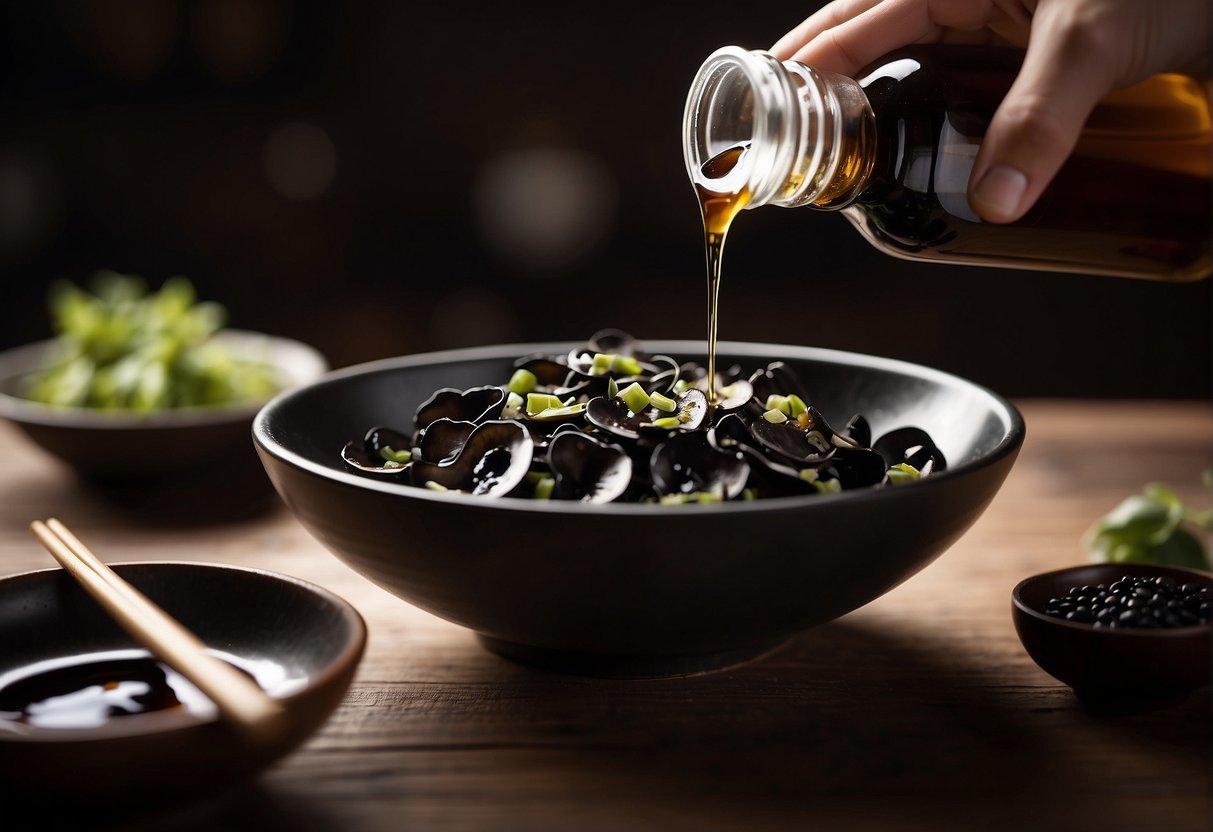 A hand pours soy sauce over sliced black fungus in a bowl. Sesame oil and vinegar are added, then mixed with chopsticks