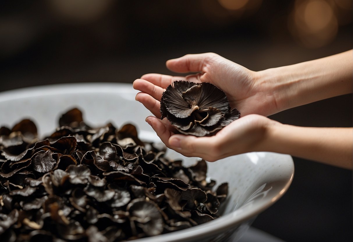 A hand reaches for dried black fungus. It is soaked and sliced, ready for a Chinese recipe
