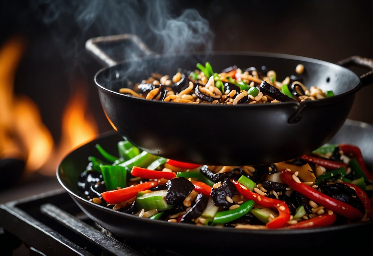 A wok sizzles as sliced black fungus, ginger, and garlic are stir-fried with soy sauce and sesame oil. Green onions and red chili peppers are added for color and flavor
