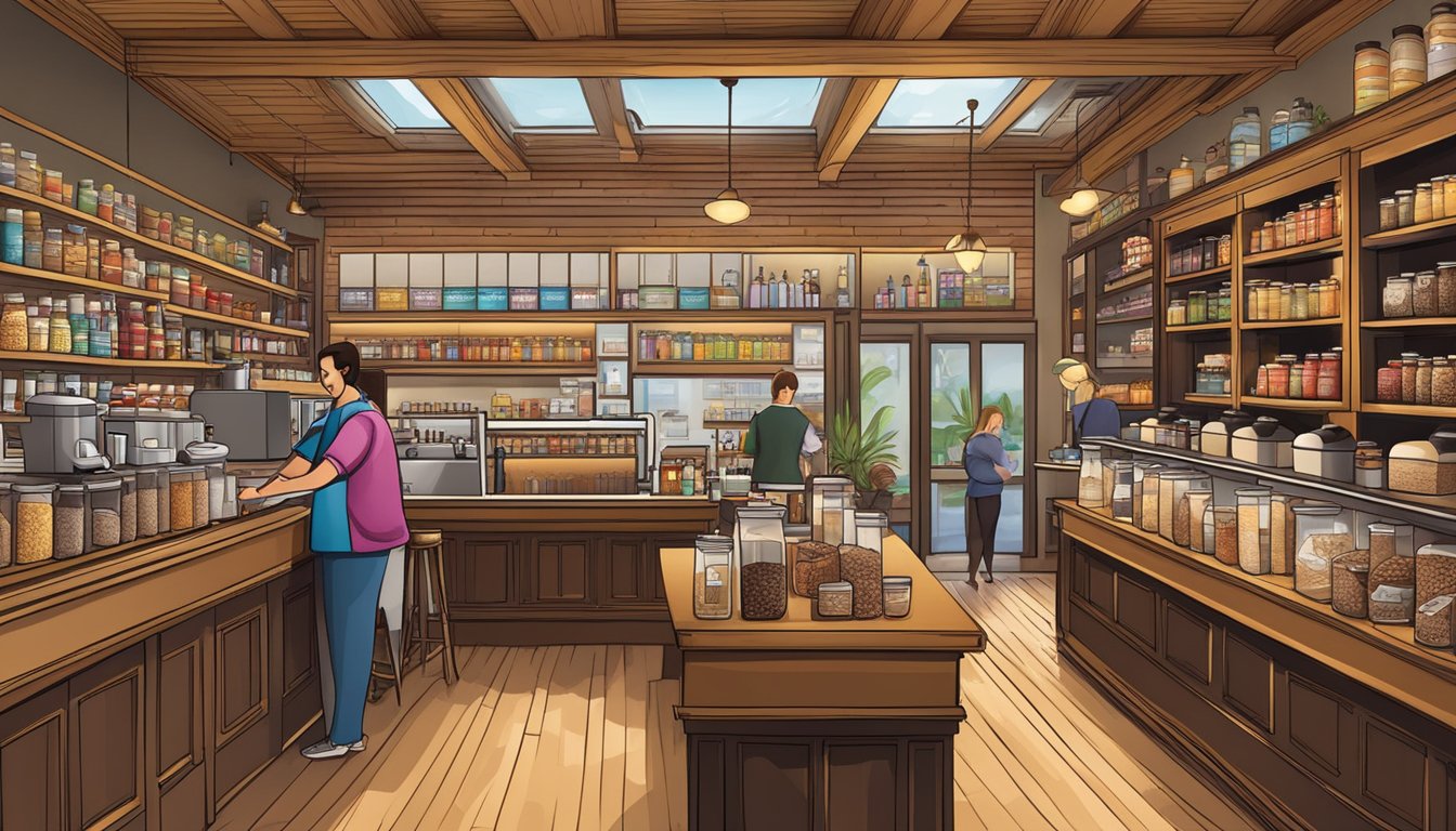 A bustling coffee shop with shelves of various coffee beans from around the world, colorful packaging, and a knowledgeable staff assisting customers