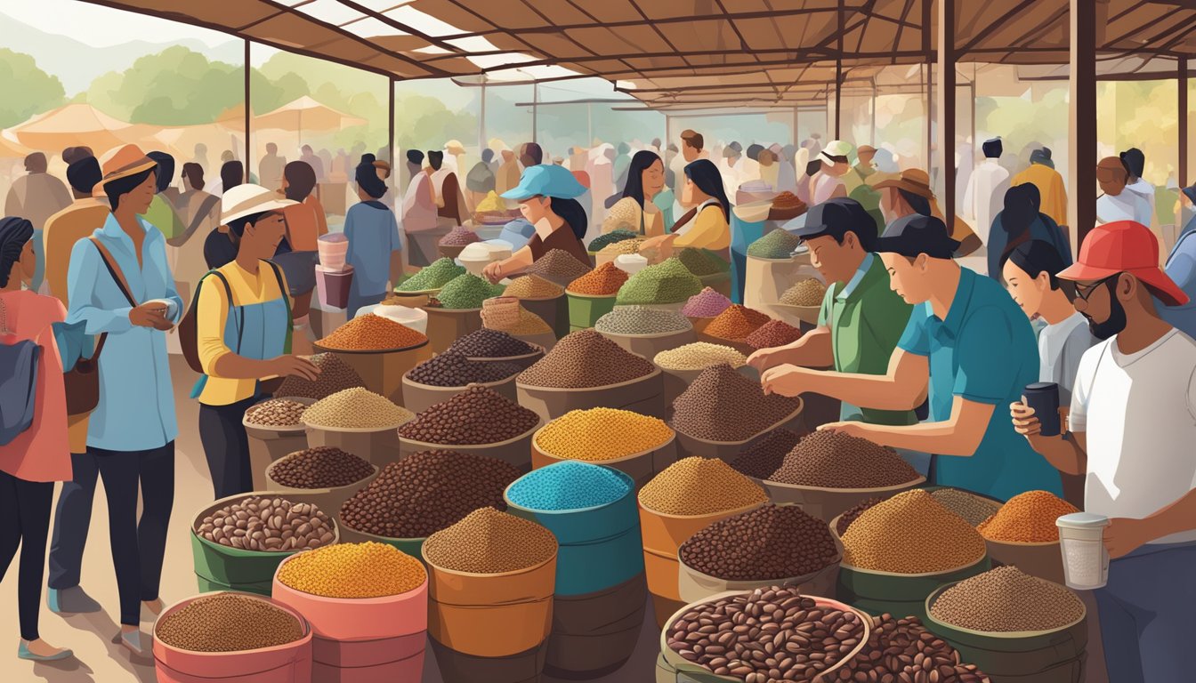 A bustling coffee market with rows of colorful bags, displaying various types of coffee beans from around the world. Customers eagerly sample and purchase their favorite beans from knowledgeable vendors
