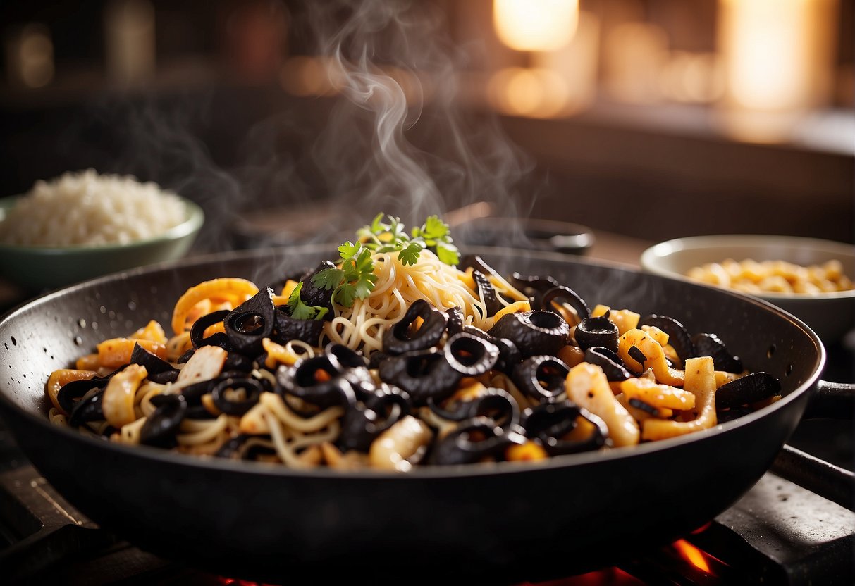 A wok sizzles with sliced black fungus, ginger, and garlic. Nearby, ingredients for related Chinese dishes wait to be incorporated