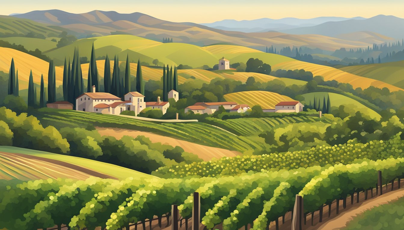 Rolling hills of vineyards in Napa Valley, with elegant wineries nestled among the grapevines. Bottles of premium wine from renowned brands on display