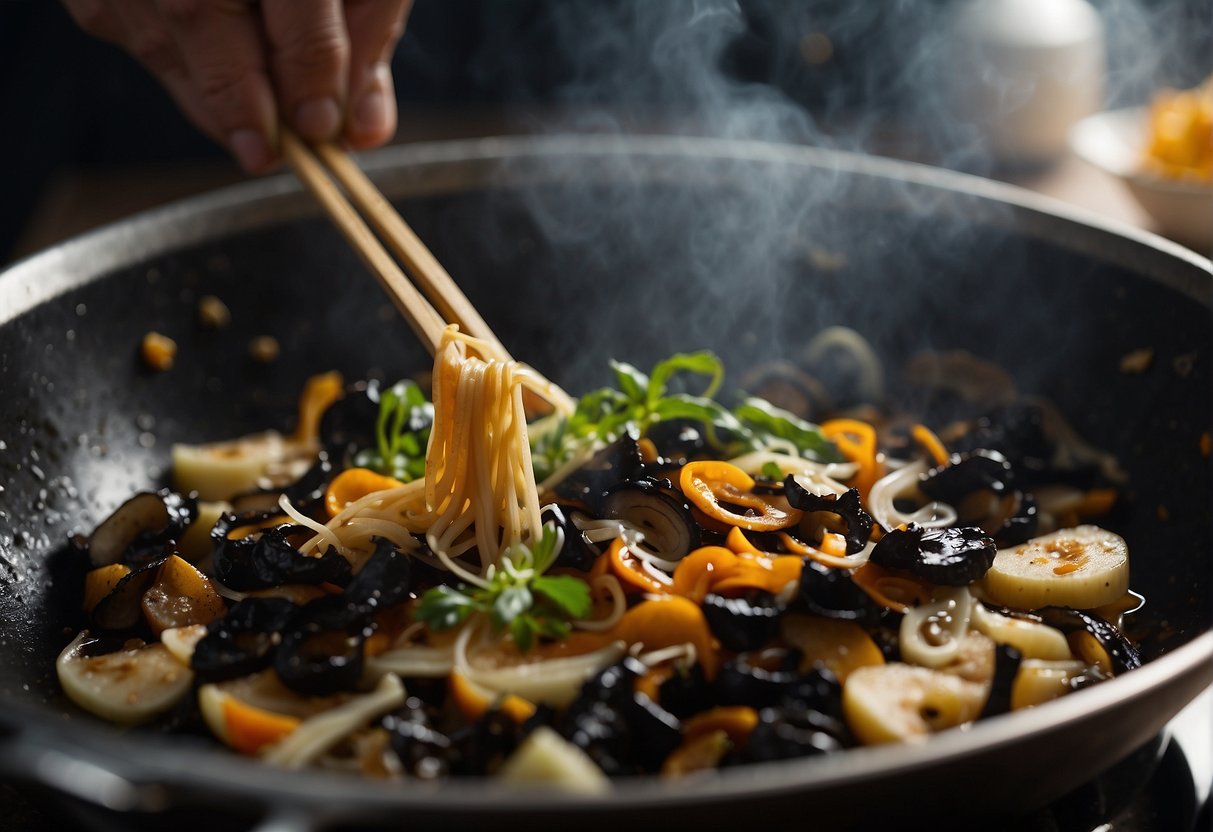 A wok sizzles with sliced black fungus, ginger, and garlic. A hand adds soy sauce and vinegar. Steam rises as the ingredients cook
