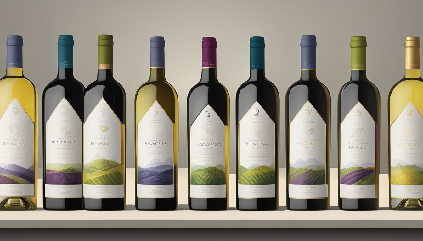 A display of premium wine bottles with "Frequently Asked Questions" labels, elegant branding, and sophisticated packaging
