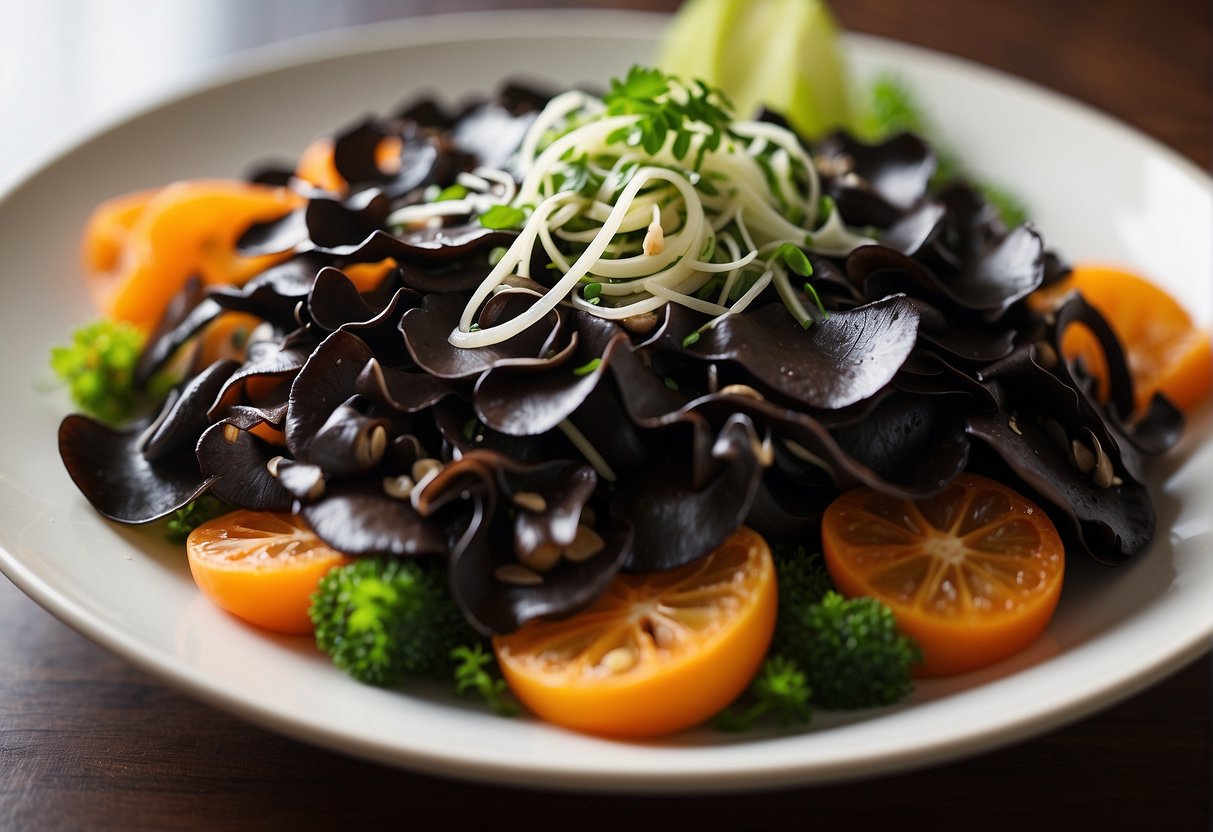 A bowl of Chinese black fungus salad is elegantly arranged with fresh vegetables and drizzled with a savory dressing, ready to be served