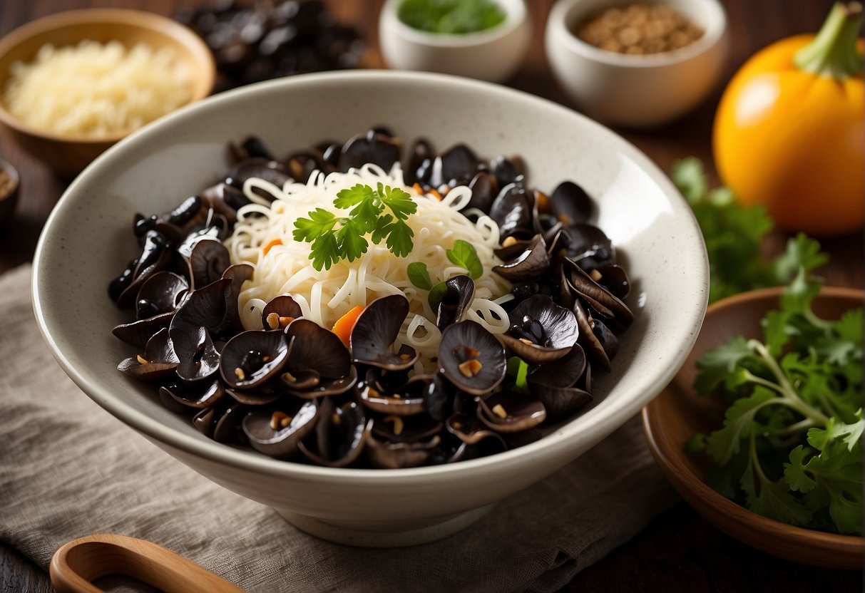 A bowl of Chinese black fungus salad surrounded by ingredients and a recipe card