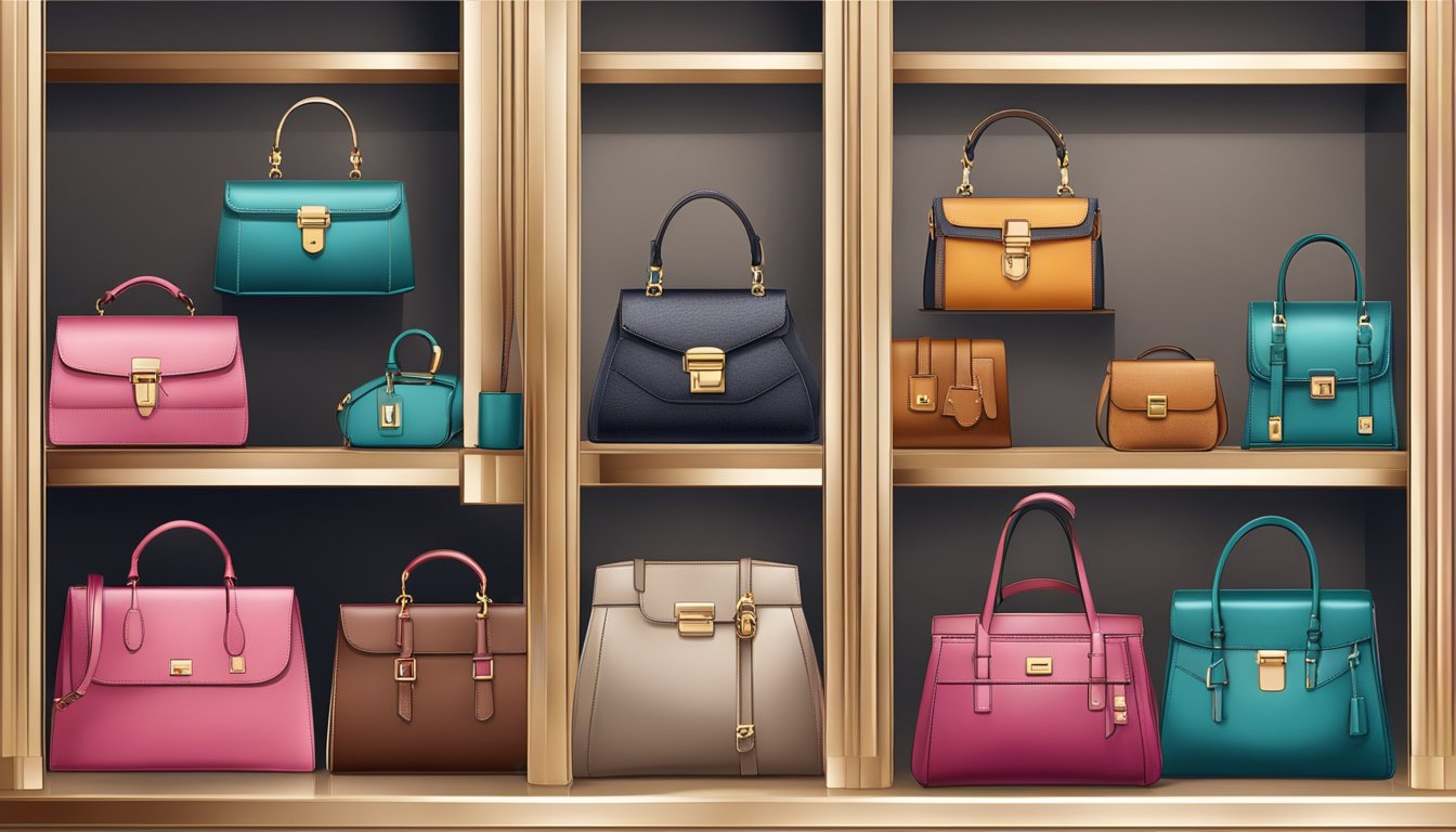 Luxurious leather handbags displayed on sleek shelves, with elegant branding and exquisite craftsmanship evident in every detail