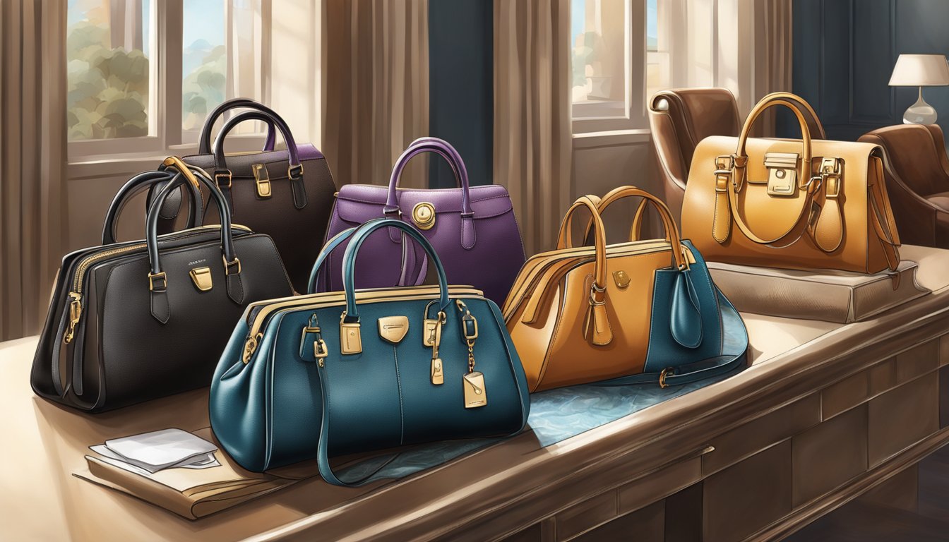 A display of luxurious pure leather handbags from iconic brands. Rich textures and elegant designs showcased in a well-lit setting