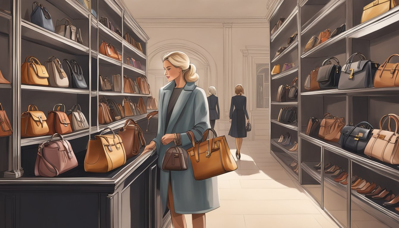 A woman carefully selects a luxurious leather handbag from a display of high-end brands. The bags are arranged neatly on shelves, showcasing their quality craftsmanship and elegant designs