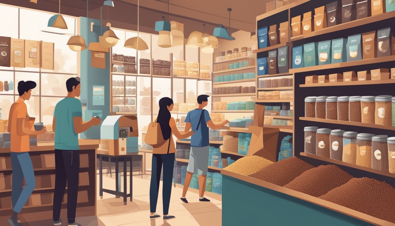 Customers browsing shelves of coffee beans in a specialty store in Singapore, surrounded by colorful packaging and the aroma of freshly roasted coffee