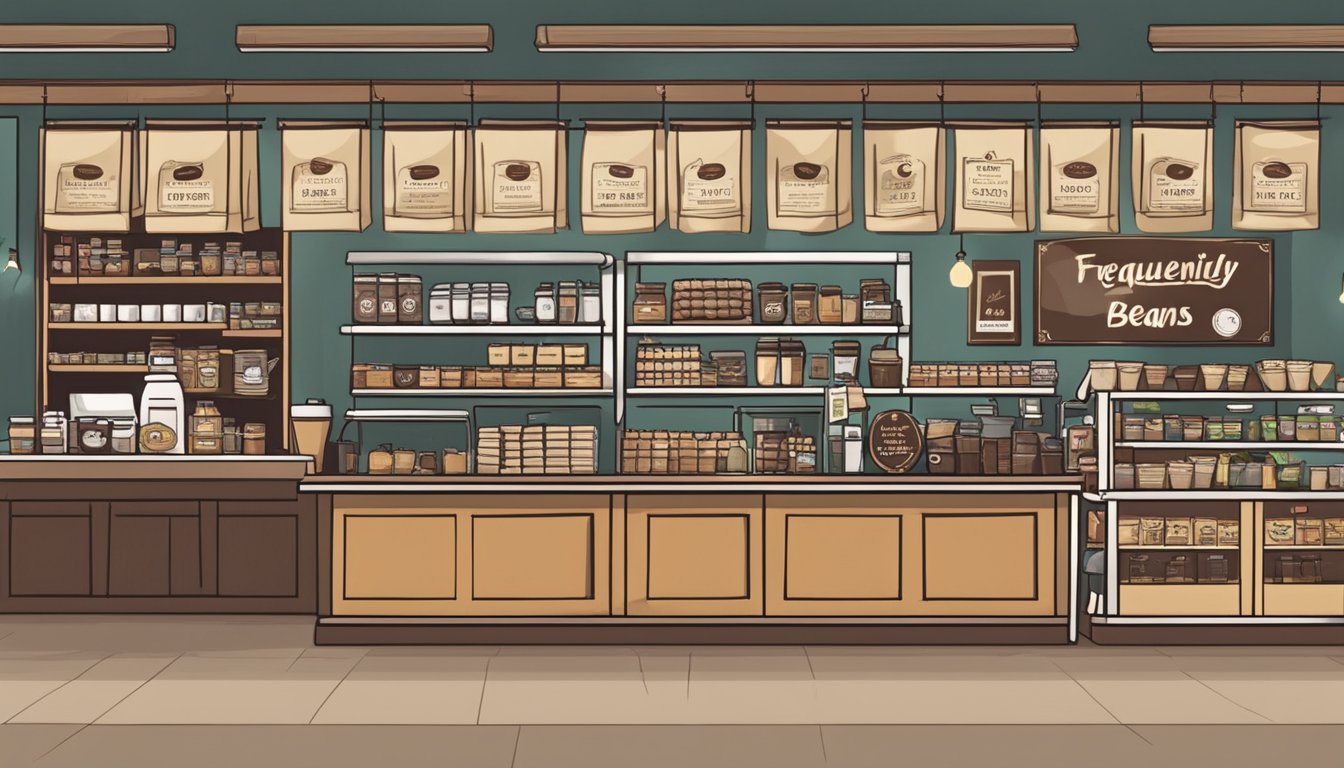 A busy coffee shop in Singapore, with shelves lined with various coffee bean packages, a sign indicating "Frequently Asked Questions: Where to buy coffee beans in Singapore."