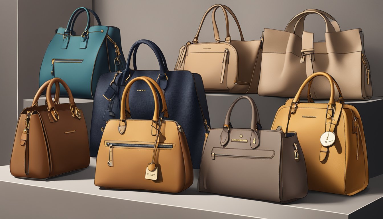 A display of high-quality leather handbags with a sign reading "Frequently Asked Questions pure leather handbags brands."