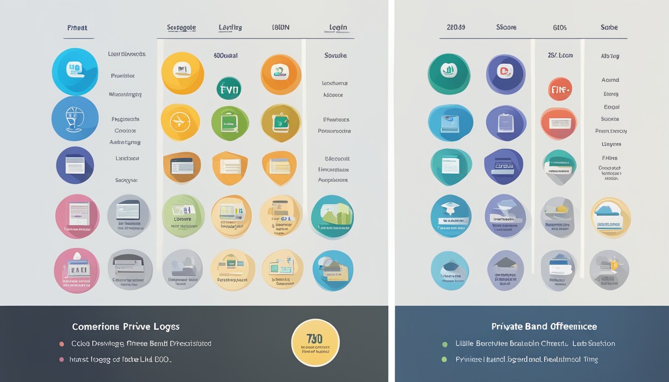 A comparison chart showing private label and brand logos with bullet points highlighting key differences
