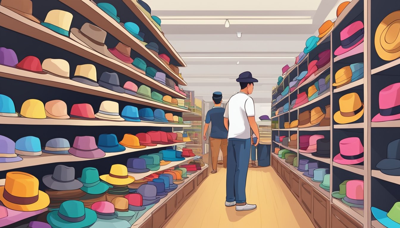 A colorful hat shop in Singapore with rows of shelves displaying a variety of hats in different styles and sizes. Customers browsing and trying on hats