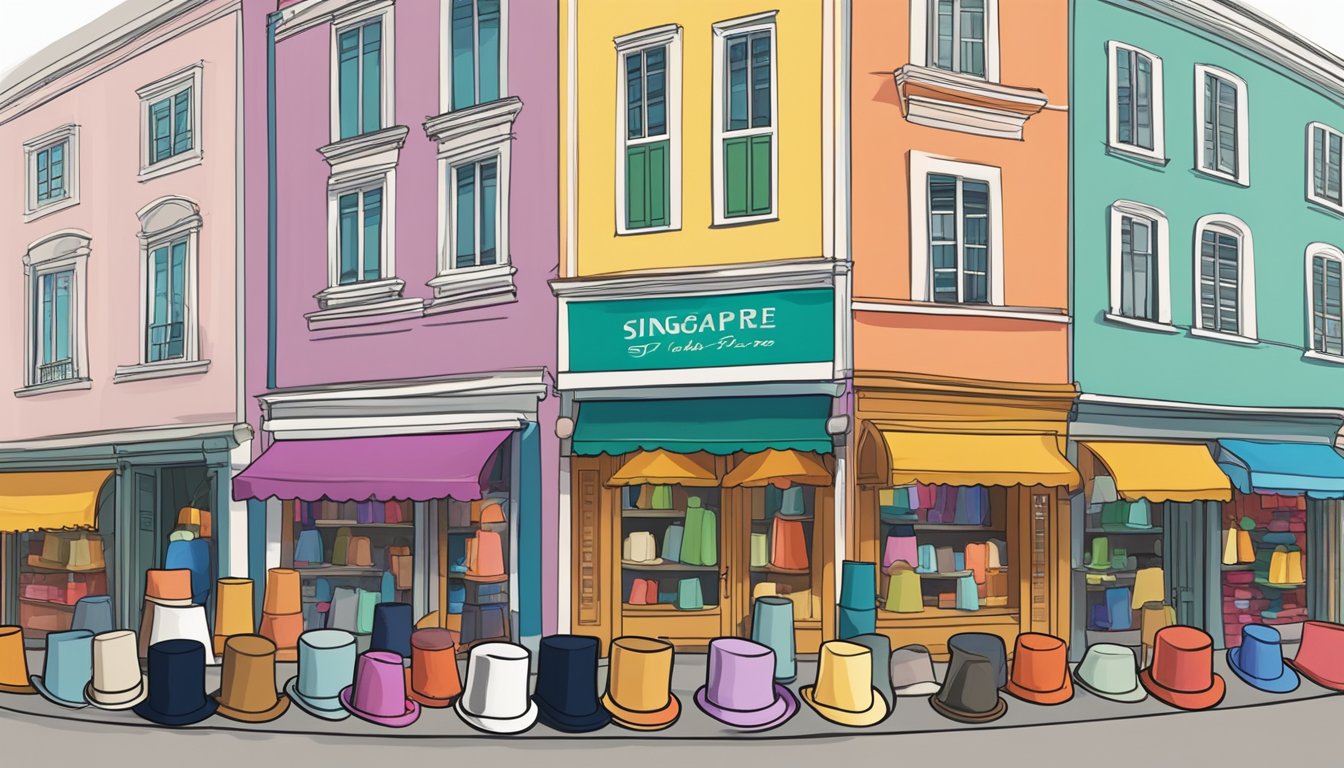 A row of colorful top hat shops line the bustling streets of Singapore, showcasing a variety of stylish headwear for sale